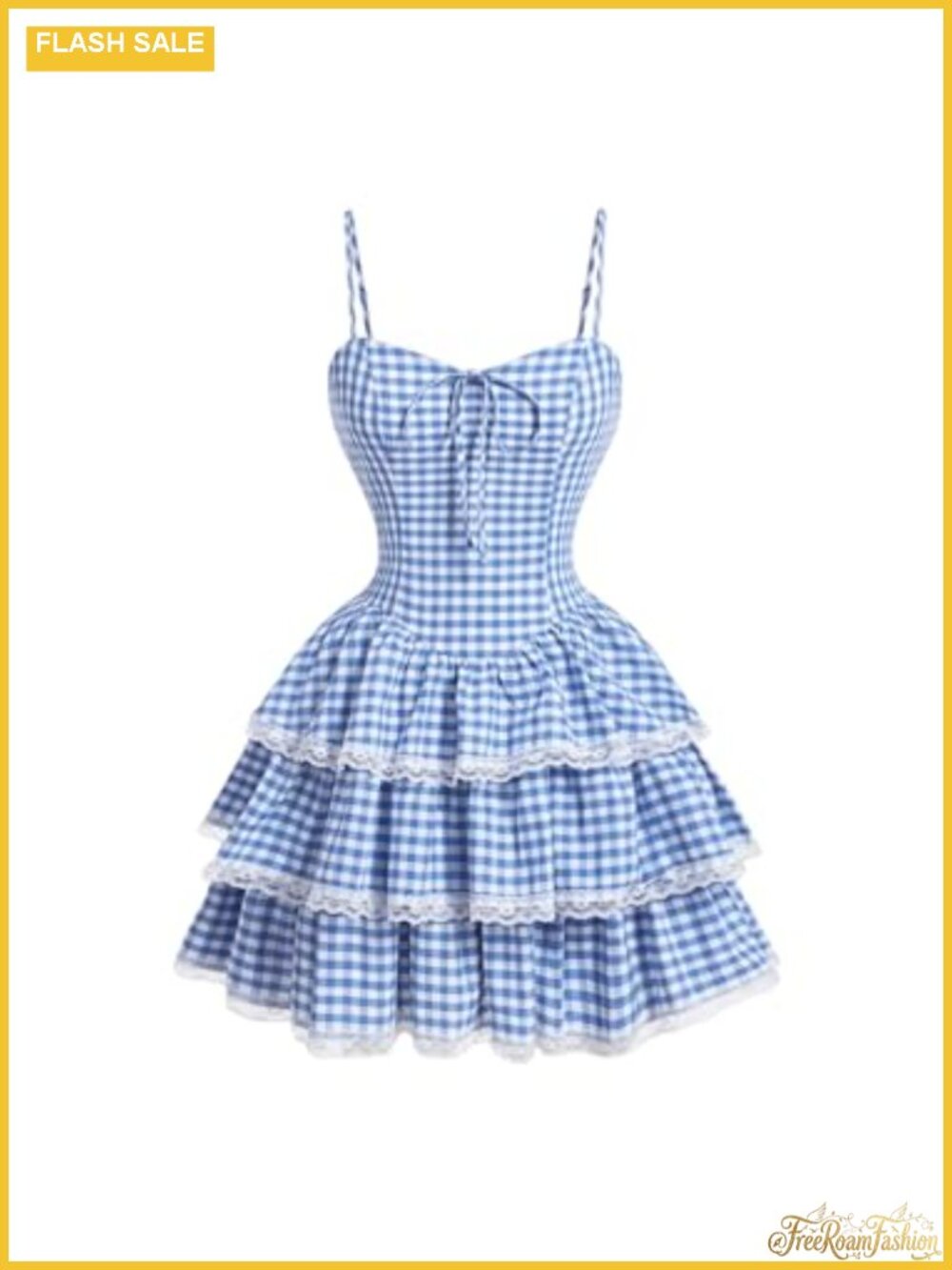 Y2k Plaid Lace Trim Mini Dress A-Line Ruffle Hem Spaghetti Strap